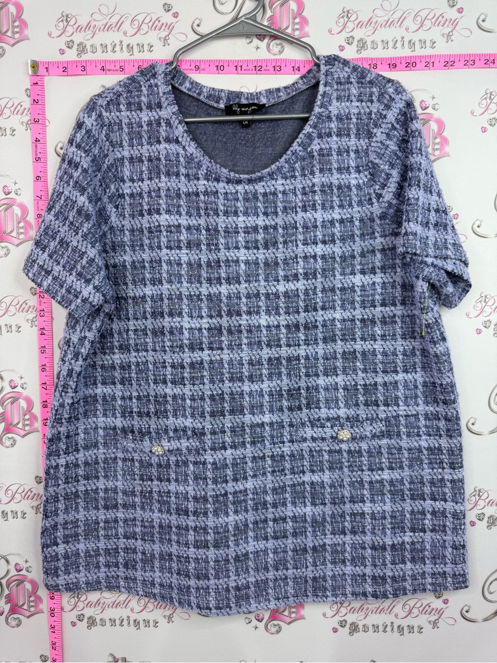 Lily Morgan top button pearls Blue Tweed Short Sleeve Top